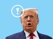 Editorial illustration of Donald Trump on a blue background with a white exclamation mark icon, used as article art.