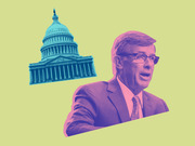 Colorized editorial illustration showing a man speaking alongside the US Capitol building on a yellow-green background.