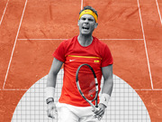 Editorial illustration of a tennis player in red Spain kit holding a racket and celebrating on an orange clay court background.