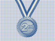 Editorial illustration of a second-place medal with a blue and white ribbon on a grid paper background, rendered in blue tones.