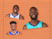 Editorial illustration of three NBA players in their team jerseys on an orange lined-paper background, featuring players from the Warriors, 76ers, and Hornets.
