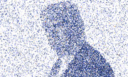 A mosaic portrait of a person composed of thousands of tiny blue squares and text fragments on a white background.
