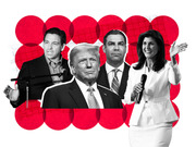 Editorial collage illustration showing four political figures in black and white against a red circle pattern background.