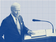 Blue-tinted editorial illustration of an older man in a suit standing at a podium with a microphone, set against a grid background.