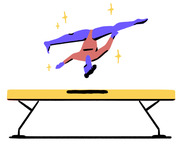 Colorful editorial illustration of a gymnast performing a vault over a pommel horse with sparkle effects.