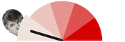 Editorial illustration of a man peeking behind a semicircular gauge or dial graphic shaded from light pink to deep red.