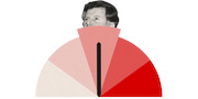 Editorial collage of a black-and-white photo of a man's head peeking above a semicircular dial or gauge graphic in shades of red and pink.