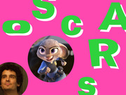 Oscars editorial illustration with green letters spelling OSCARS on a pink background, featuring circular photos of a person and the animated character Judy Hopps from Zootopia.