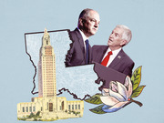 Editorial collage illustration showing two men in suits against a Louisiana state map outline, with the state capitol building and a magnolia flower.