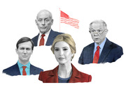 Editorial illustration showing four political figures in grayscale with colored accents arranged around an American flag.