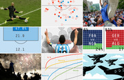 FiveThirtyEight collage of nine panels mixing photos, charts, and data graphics related to soccer World Cup stats, match predictions, and other topics.