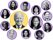 Editorial illustration showing Joe Biden in a central gold circle surrounded by circular portrait photos of women considered for his cabinet or administration.