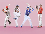 Editorial illustration of four MLB baseball players in action poses representing the Reds, Cubs, Dodgers, and Nationals on a pink background.