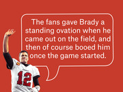 Editorial illustration of Tom Brady in a Buccaneers jersey with a speech bubble quote about fans giving him a standing ovation then booing him.