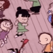 Cartoon illustration of Peanuts characters including Charlie Brown and friends dancing or playing on a wooden floor.