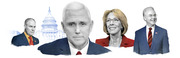 Editorial illustration showing four political figures including Mike Pence in the center, flanked by Scott Pruitt, Betsy DeVos, and Tom Price, with the US Capitol building in the background.
