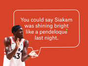 Editorial illustration of Pascal Siakam in a Toronto Raptors jersey with a speech bubble reading 'You could say Siakam was shining bright like a pendeloque last night.'