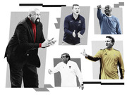 Editorial collage of five college basketball coaches in black-and-white and color cutouts arranged on a geometric grey background.