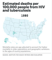 Choropleth map of the US showing estimated deaths per 100,000 people from HIV and tuberculosis in 1980, with mortality rates age adjusted.