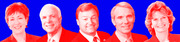 Stylized red-tinted portraits of five politicians against a bright blue background, likely Republican senators, rendered in a duotone editorial illustration style.