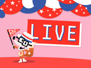 Cartoon mascot wearing a patriotic hat and press badge, holding an RNC pennant flag next to a large red LIVE sign, with red white and blue bunting above.