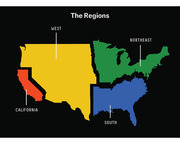 Color-coded map of the United States divided into four regions: West (yellow), California (red/orange), Northeast (green), and South (blue).