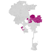A map of what appears to be the Los Angeles area with certain census tracts or neighborhoods highlighted in dark magenta/purple, likely indicating a specific demographic or data category.