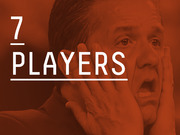 Red-tinted editorial graphic showing a distressed person's face overlaid with large white text reading 7 PLAYERS.