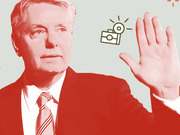 Editorial illustration of a man in a red suit raising his hand with a camera icon nearby, styled in red duotone on a light background.