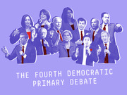 Editorial illustration showing 12 Democratic primary candidates in purple duotone style above the text The Fourth Democratic Primary Debate.