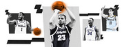 Editorial collage of four college basketball players in black and white with orange accents, wearing Wildcats, Providence, Kentucky, and Marquette jerseys.