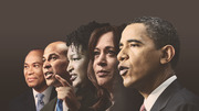 Editorial composite illustration showing five Black American political figures arranged in a row against a dark background.