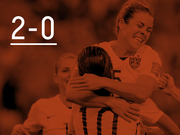 Orange-tinted photo of US women's soccer players celebrating with a large 2-0 score displayed in white text overlay.