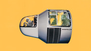 Collage illustration of a biosatellite spacecraft with a monkey in a spacesuit at the controls and large plants growing in the passenger compartment, on a yellow background.