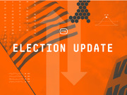 FiveThirtyEight Election Update branded graphic with orange background, arrows, American flag, hexagons, and small data visualization elements.