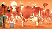 Editorial illustration of a farmer with a bucket standing beside branded cattle on an orange-toned ranch with a windmill in the background.