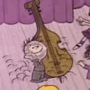 Cartoon illustration of a child playing a large upright bass or cello in front of purple curtains, in an animated style resembling Peanuts.