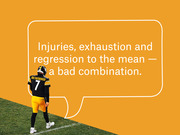 Editorial graphic showing Pittsburgh Steelers quarterback Roethlisberger (#7) on a field with a speech bubble reading about injuries, exhaustion and regression to the mean.