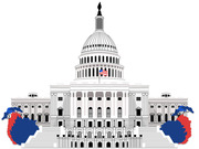 Stylized illustration of the U.S. Capitol building with red and blue trees flanking it, suggesting political themes.