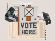 Editorial collage illustration featuring voting imagery including a Vote Here sign, official ballot, Republican and Democratic party labels, and two people at polling stations.