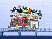 Editorial collage showing Philadelphia sports mascots and a suited figure riding atop a Philadelphia Fire Dept. ladder truck on a bridge backdrop.