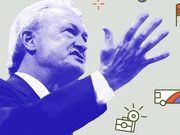 Editorial illustration of a blue-tinted politician gesturing with hand raised, surrounded by small icons including a camera, vehicle, and flag on a light background.