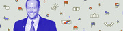 Editorial illustration of a smiling man in a blue suit rendered in blue tones against a light background scattered with political icons like donkeys, flags, stars, and money.