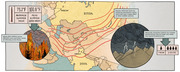 Illustrated map infographic showing how Russia's 2010 heat wave caused atmospheric waves that triggered wildfires in Russia and deadly floods in Ladakh, India, with temperature and rainfall data callouts.