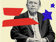 Editorial illustration of an older man in a suit with red brush stroke shapes and blue stars on a cream background, styled as a political portrait.