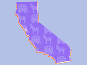 Illustrated outline of California filled with repeating Democratic donkey and Republican elephant party symbols in purple tones on a light blue background.