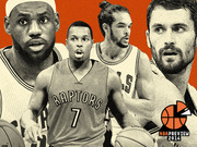 Black and white editorial illustration of four NBA basketball players on an orange background, featuring a Raptors player wearing number 7, for an NBA Preview 2014 feature.