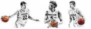 Stylized black-and-white editorial illustrations of three college basketball players in Wisconsin #22, Baylor #5, and Duke #3 uniforms holding basketballs.