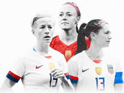 Editorial illustration of three US women's soccer players in national team jerseys, with one player highlighted in color and two in grayscale.