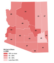 Choropleth map of Arizona counties showing John McCain's vote share in the 2008 election, with counties shaded by percentage ranges from less than 30% to 50% or more.
